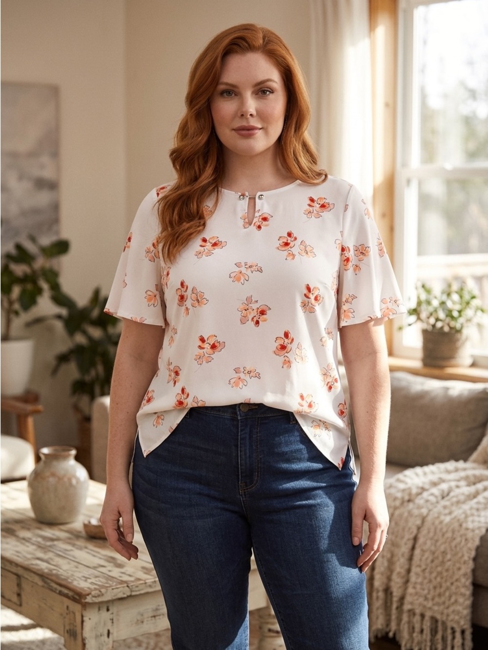 Liz Claiborne Cream Floral Keyhole Flutter Sleeve Top - Picture 2 of 9